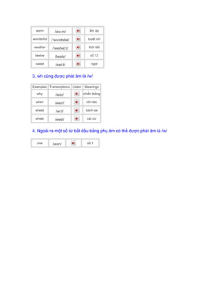 warm /wɔːm/ ấm áp
wonderful /ˈwʌndəfəl/ tuyệt vời
weather /ˈweðə(r)/ thời tiết
twelve /twelv/ số 12
sweet /swiːt/ ngọt
3. wh cũng được phát âm là /w/
Examples Transcriptions Listen Meanings
why /waɪ/ chiến thắng
when /wen/ khi nào
wheel /wiːl/ bánh xe
whale /weɪl/ cái voi
4. Ngoài ra một số từ bắt đầu bằng phụ âm có thể được phát âm là /w/
one /wʌn/ số 1
 