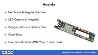 Manufacturing That Eliminates Risk & Improves Reliability
2
Agenda
 Membrane & Keypad Overview
 LED Options for Keypads
...