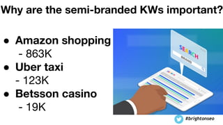 Why are the semi-branded KWs important?
● Amazon shopping
- 863K
● Uber taxi
- 123K
● Betsson casino
- 19K
#brightonseo
 