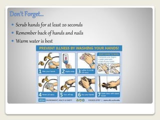 Don’t Forget… 
 Scrub hands for at least 20 seconds 
 Remember back of hands and nails 
 Warm water is best 
 