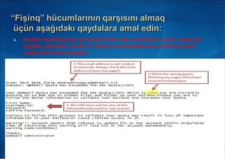 4. Sizd n konfedensial m lumat t l b ed n emaill r cavab verm yin.ə ə ə ə ə ə ə ə
Legitim şirk tl r f rdi v maliyy m lumatlarınını Sizd n Emailə ə ə ə ə ə ə
vasitısi il t l b etmirl rə ə ə ə
5. Adminstrator da daxil olmaqla heç kim Sizd n ad v parolu soruşaə ə
bilm zə
 