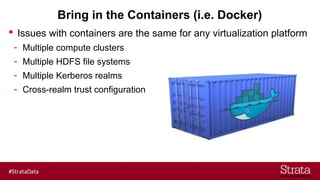 Bring in the Containers (i.e. Docker)
 Issues with containers are the same for any virtualization platform
- Multiple compute clusters
- Multiple HDFS file systems
- Multiple Kerberos realms
- Cross-realm trust configuration
 