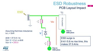 ESD Robustness
PCB Layout Impact
dt
di
L
V
Vic
Assuming that lines inductance
is L = 5nH
di/dt = 37.5 A / ns
Vic= V + 2 x L x di/dt
Vic= V + 375 V
ESD surge is
8 kV /0.8 ns rise time, this
makes 37.5 A/nsdt
di
L
ESD
ICtoprotect
Vias to
GND plane
Vcc
Vias to
GND plane
32
 