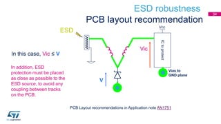 PCB Layout recommendations in Application note AN1751
Vcc
ICtoprotect
Vic
In this case, Vic ≤ V
In addition, ESD
protection must be placed
as close as possible to the
ESD source, to avoid any
coupling between tracks
on the PCB.
ESD robustness
PCB layout recommendation
V
Vias to
GND plane
ESD
34
 