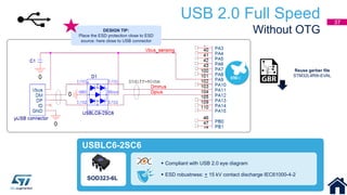 USB 2.0 Full Speed
Without OTG
SOD323-6L
 Compliant with USB 2.0 eye diagram
 ESD robustness: + 15 kV contact discharge IEC61000-4-2
USBLC6-2SC6
Reuse gerber file
STM32L4R9I-EVAL
DESIGN TIP:
Place the ESD protection close to ESD
source: here close to USB connector
37
 