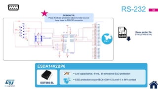 RS-232
Reuse gerber file
STM32L4R9I-EVAL
 Low capacitance, 4-line, bi-directional ESD protection
 ESD protection as per IEC61000-4-2 Level 4: + 8kV contact
ESDA14V2BP6
SOT666-6L
DESIGN TIP:
Place the ESD protection close to ESD source:
here close to RS-232 connector
38
 