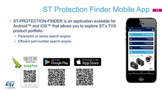 ST Protection Finder Mobile App
• ST-PROTECTION-FINDER is an application available for
Android™ and iOS™ that allows you to explore ST’s TVS
product portfolio.
• Parametric or series search engine
• Efficient part number search engine
43
 