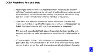 35
CCPA Redefines Personal Data
• According to “PI Vs PII: How CCPA Redefines What Is Personal Data” the CCPA
definition “...