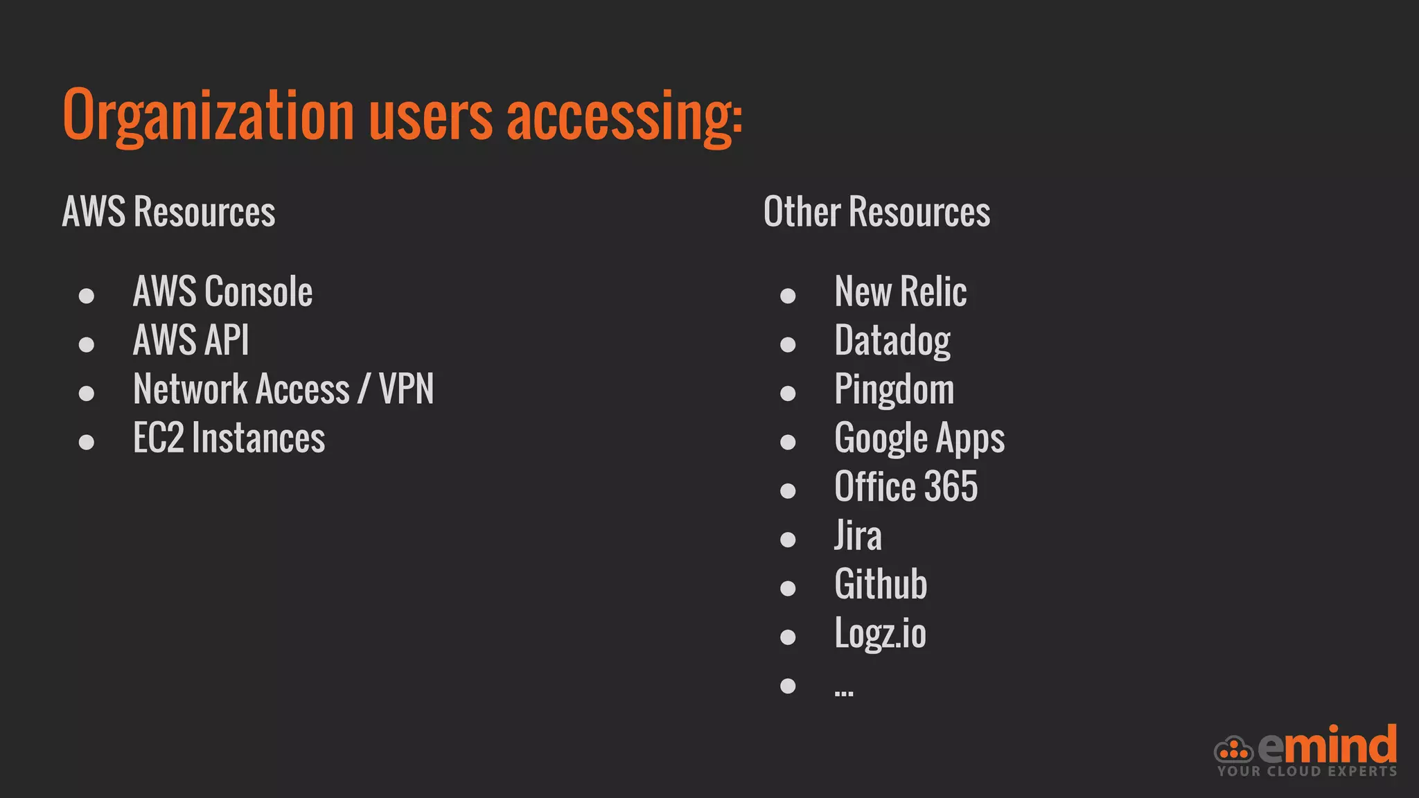 Organization users accessing:
AWS Resources
● AWS Console
● AWS API
● Network Access / VPN
● EC2 Instances
Other Resources
● New Relic
● Datadog
● Pingdom
● Google Apps
● Office 365
● Jira
● Github
● Logz.io
● ...
 
