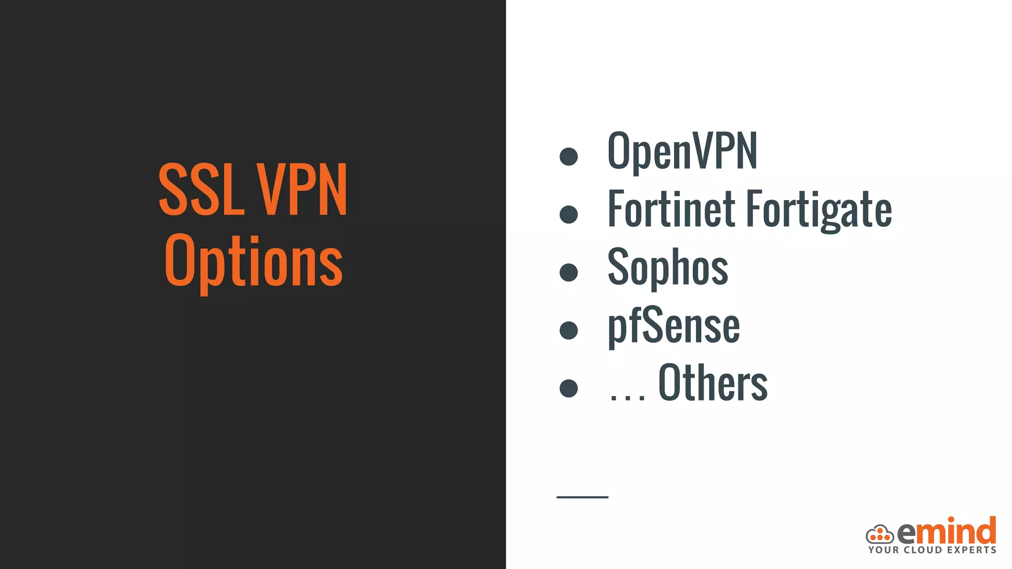 SSL VPN
Options
● OpenVPN
● Fortinet Fortigate
● Sophos
● pfSense
● … Others
 