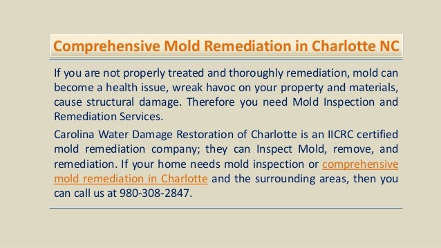 Comprehensive Mold Remediation in Charlotte NC
If you are not properly treated and thoroughly remediation, mold can
become a health issue, wreak havoc on your property and materials,
cause structural damage. Therefore you need Mold Inspection and
Remediation Services.
Carolina Water Damage Restoration of Charlotte is an IICRC certified
mold remediation company; they can Inspect Mold, remove, and
remediation. If your home needs mold inspection or comprehensive
mold remediation in Charlotte and the surrounding areas, then you
can call us at 980-308-2847.
 
