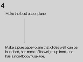 4
    Make the best paper plane.




    Make a pure paper-plane that glides well, can be
    launched, has most of its weight up front, and
    has a non-floppy fuselage.
 