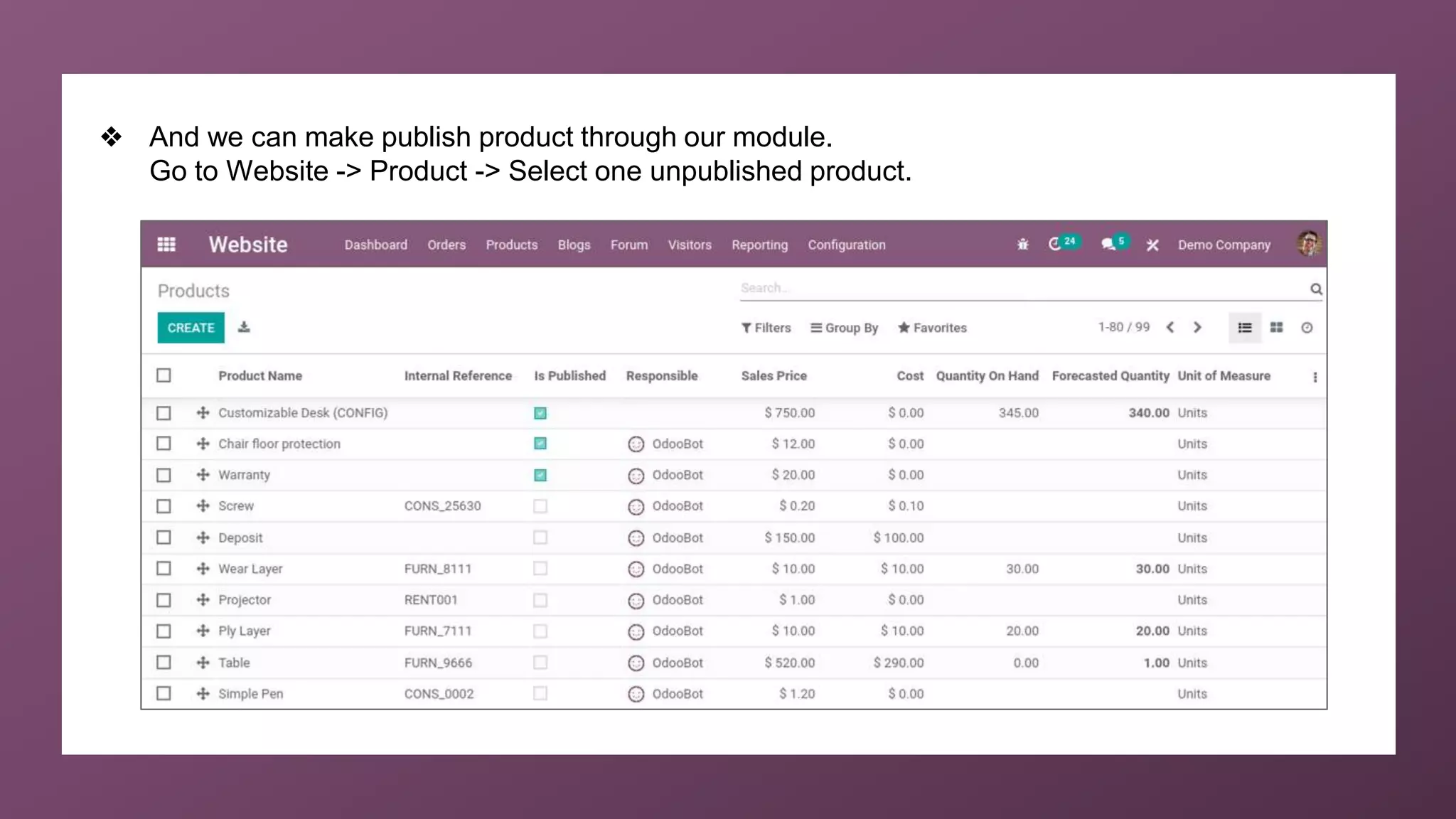 ❖ And we can make publish product through our module.
Go to Website -> Product -> Select one unpublished product.