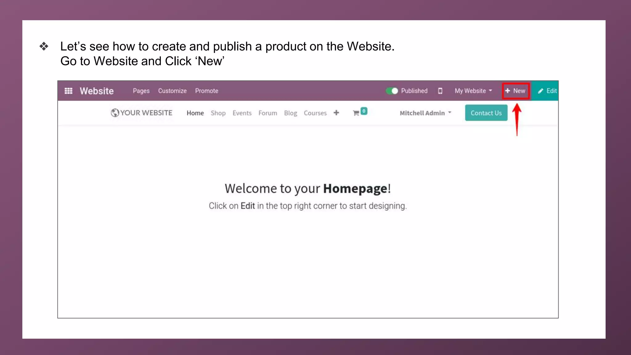 ❖ Let’s see how to create and publish a product on the Website.
Go to Website and Click ‘New’