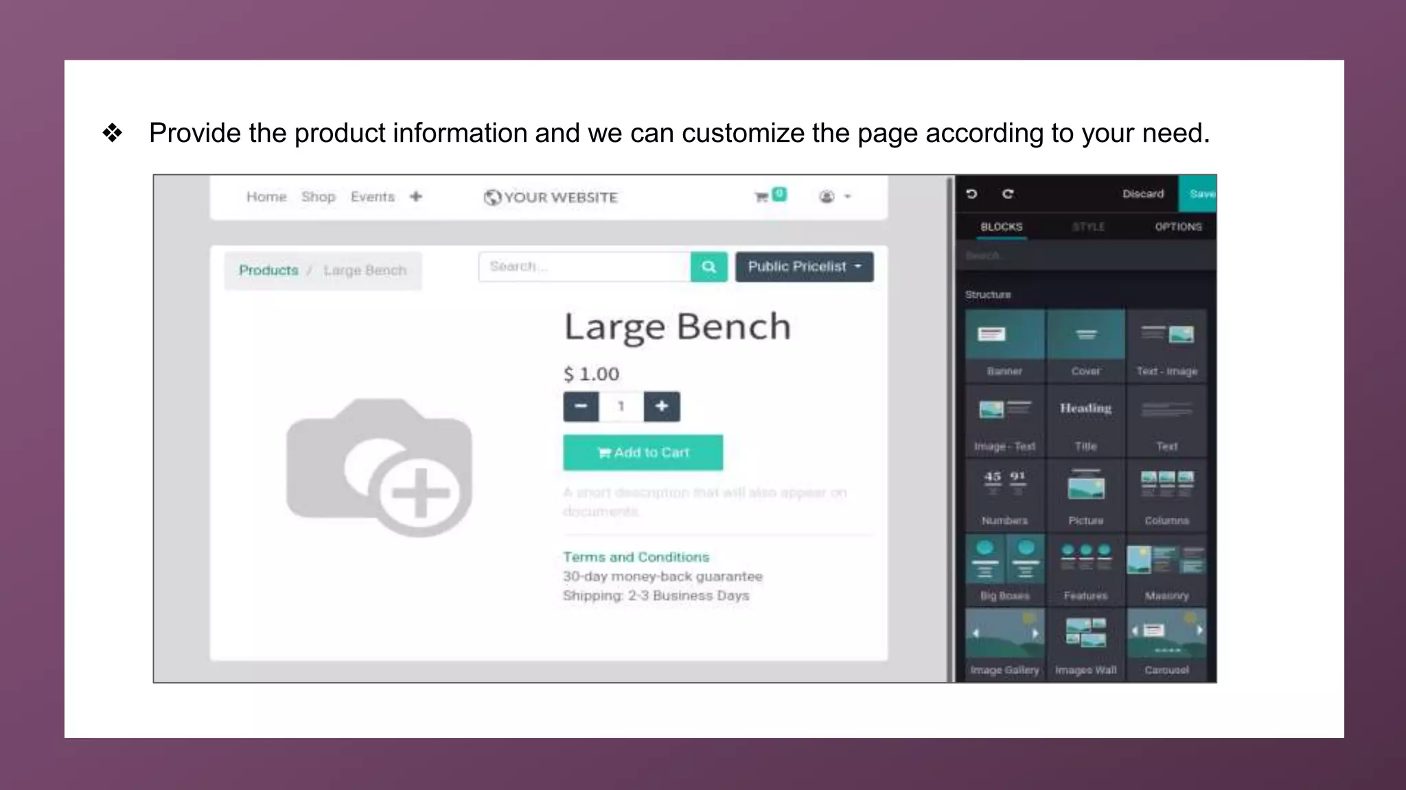 ❖ Provide the product information and we can customize the page according to your need.