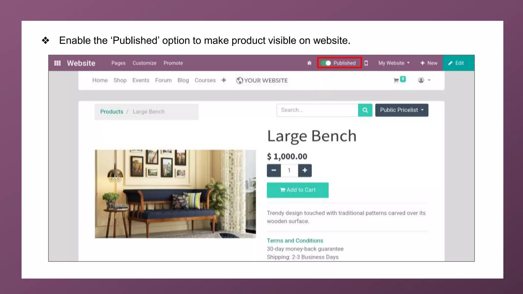 ❖ Enable the ‘Published’ option to make product visible on website.