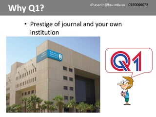 • Prestige of journal and your own
institution
Why Q1?
dhasanin@ksu.edu.sa 0580066073
 