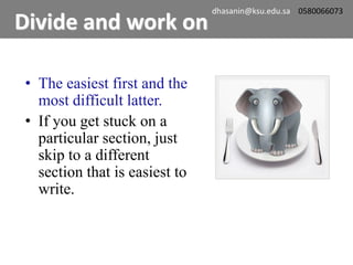 • The easiest first and the
most difficult latter.
• If you get stuck on a
particular section, just
skip to a different
section that is easiest to
write.
Divide and work on
dhasanin@ksu.edu.sa 0580066073
 