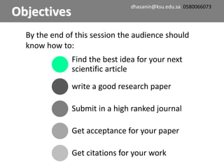 Objectives
Find the best idea for your next
scientific article
write a good research paper
Submit in a high ranked journal
Get acceptance for your paper
Get citations for your work
dhasanin@ksu.edu.sa 0580066073
By the end of this session the audience should
know how to:
 