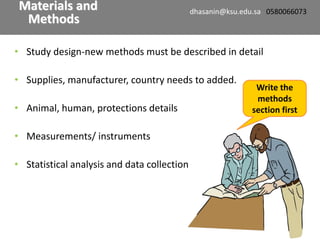 • Study design-new methods must be described in detail
• Supplies, manufacturer, country needs to added.
• Animal, human, protections details
• Measurements/ instruments
• Statistical analysis and data collection
Write the
methods
section first
Materials and
Methods
dhasanin@ksu.edu.sa 0580066073
 