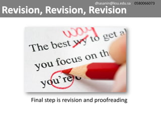 Final step is revision and proofreading
Revision, Revision, Revision
dhasanin@ksu.edu.sa 0580066073
 