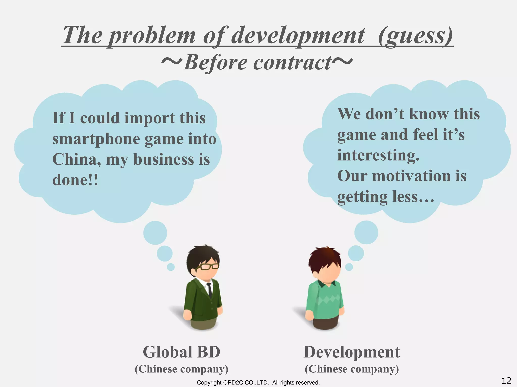12Copyright OPD2C CO.,LTD. All rights reserved.
The problem of development (guess)
～Before contract～
If I could import this
smartphone game into
China, my business is
done!!
Global BD
(Chinese company)
Development
(Chinese company)
We don’t know this
game and feel it’s
interesting.
Our motivation is
getting less…
 