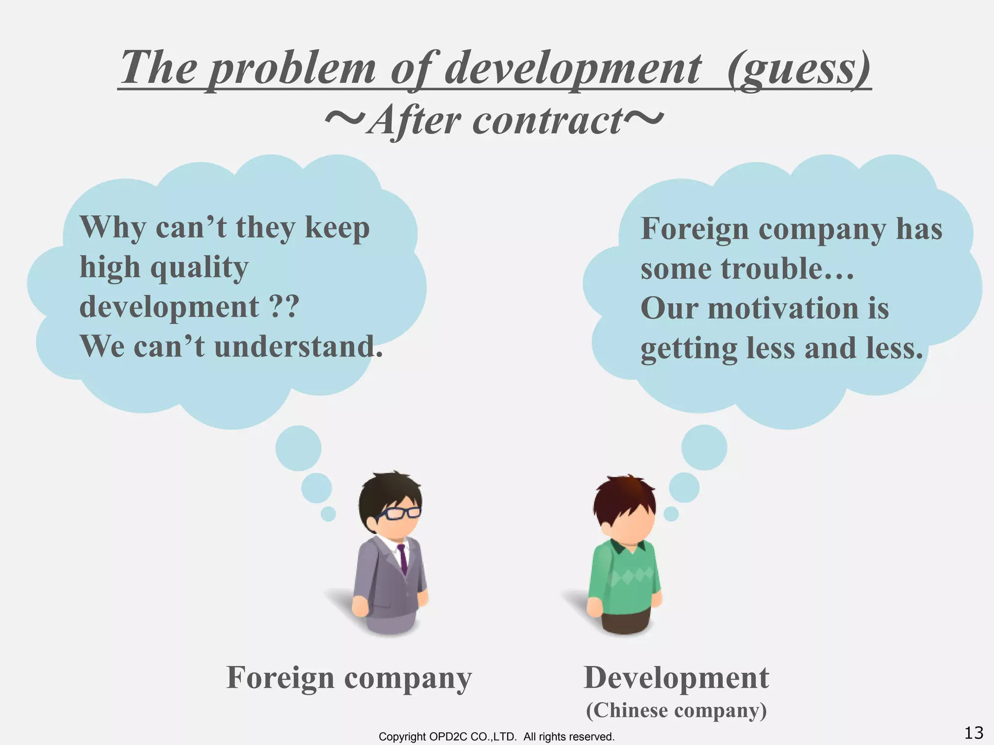 13Copyright OPD2C CO.,LTD. All rights reserved.
Why can’t they keep
high quality
development ??
We can’t understand.
Foreign company has
some trouble…
Our motivation is
getting less and less.
The problem of development (guess)
～After contract～
Foreign company Development
(Chinese company)
 