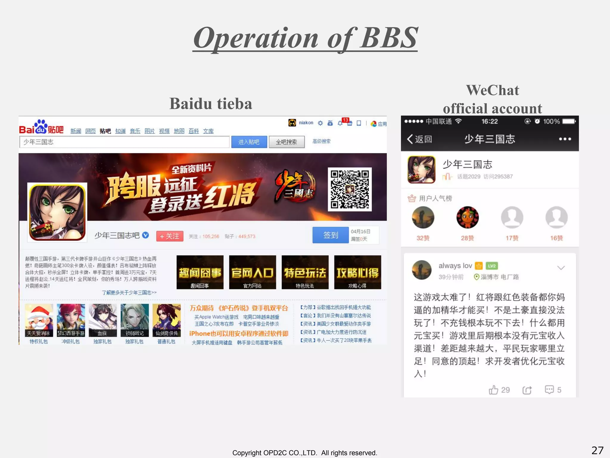 27Copyright OPD2C CO.,LTD. All rights reserved.
Operation of BBS
Baidu tieba
WeChat
official account
 