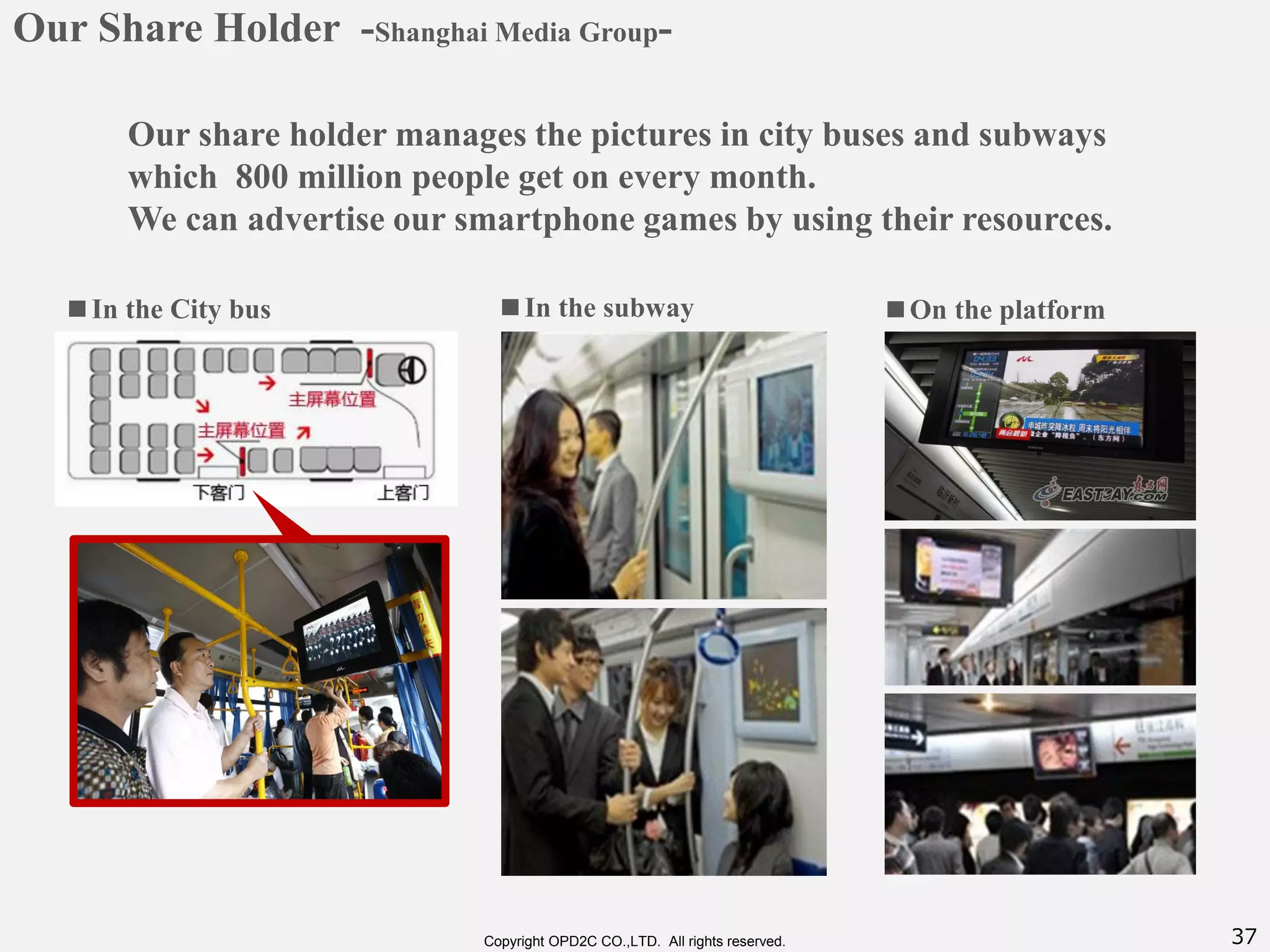 37Copyright OPD2C CO.,LTD. All rights reserved.
Our share holder manages the pictures in city buses and subways
which 800 million people get on every month.
We can advertise our smartphone games by using their resources.
■In the City bus ■In the subway ■On the platform
Our Share Holder -Shanghai Media Group-
 
