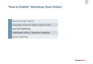 1
“How to Publish” Workshop: Boas Vindas!
1 About Springer Nature
2 Copyright, Authors’ Rights, Open Access
3 Journal Publishing
4 Publication Ethics / Research Integrity
5 Book Publishing
 