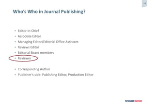 24
Who’s Who in Journal Publishing?
• Editor-in-Chief
• Associate Editor
• Managing Editor/Editorial Office Assistant
• Reviews Editor
• Editorial Board members
• Reviewer
• Corresponding Author
• Publisher‘s side: Publishing Editor, Production Editor
 