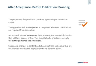 29
After Acceptance, Before Publication: Proofing
The purpose of the proof is to check for typesetting or conversion
errors.
The typesetter will insert queries in the proofs wherever clarifications
are required from the author.
Authors will receive a metadata sheet showing the header information
that will later appear online. This should also be checked, especially
the author(s) names and affiliations.
Substantial changes in content and changes of title and authorship are
not allowed without the approval of the responsible editor.
 