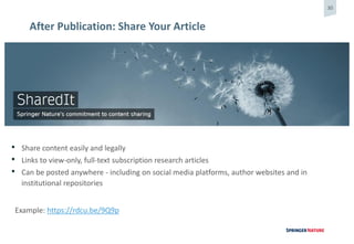 30
After Publication: Share Your Article
• Share content easily and legally
• Links to view-only, full-text subscription research articles
• Can be posted anywhere - including on social media platforms, author websites and in
institutional repositories
Example: https://rdcu.be/9Q9p
 