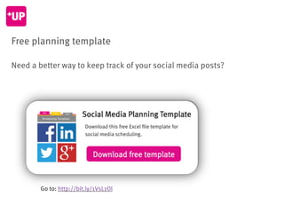 Free planning template
Need a better way to keep track of your social media posts?
Go to: http://bit.ly/1VsL1Ol
 