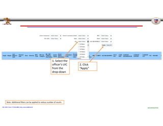 Pennsylvania Joint Force Headquarters – G1
POC: CW4 E. Evans / 717.861.2888 / emily.r.evans.mil@mail.mil
UNCLASSIFIED//FOUO
1. Select the
officer’s UIC
from the
drop‐down
2. Click
“Apply”
Note: Additional filters can be applied to reduce number of results
 