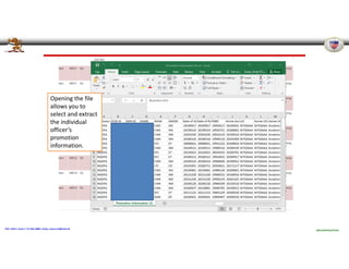 Pennsylvania Joint Force Headquarters – G1
POC: CW4 E. Evans / 717.861.2888 / emily.r.evans.mil@mail.mil
UNCLASSIFIED//FOUO
Opening the file
allows you to
select and extract
the individual
officer’s
promotion
information.
 