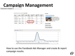 Campaign ManagementFeatured in Chapter 5
How to use the Facebook Ads Manager and create & report
campaign results.
 