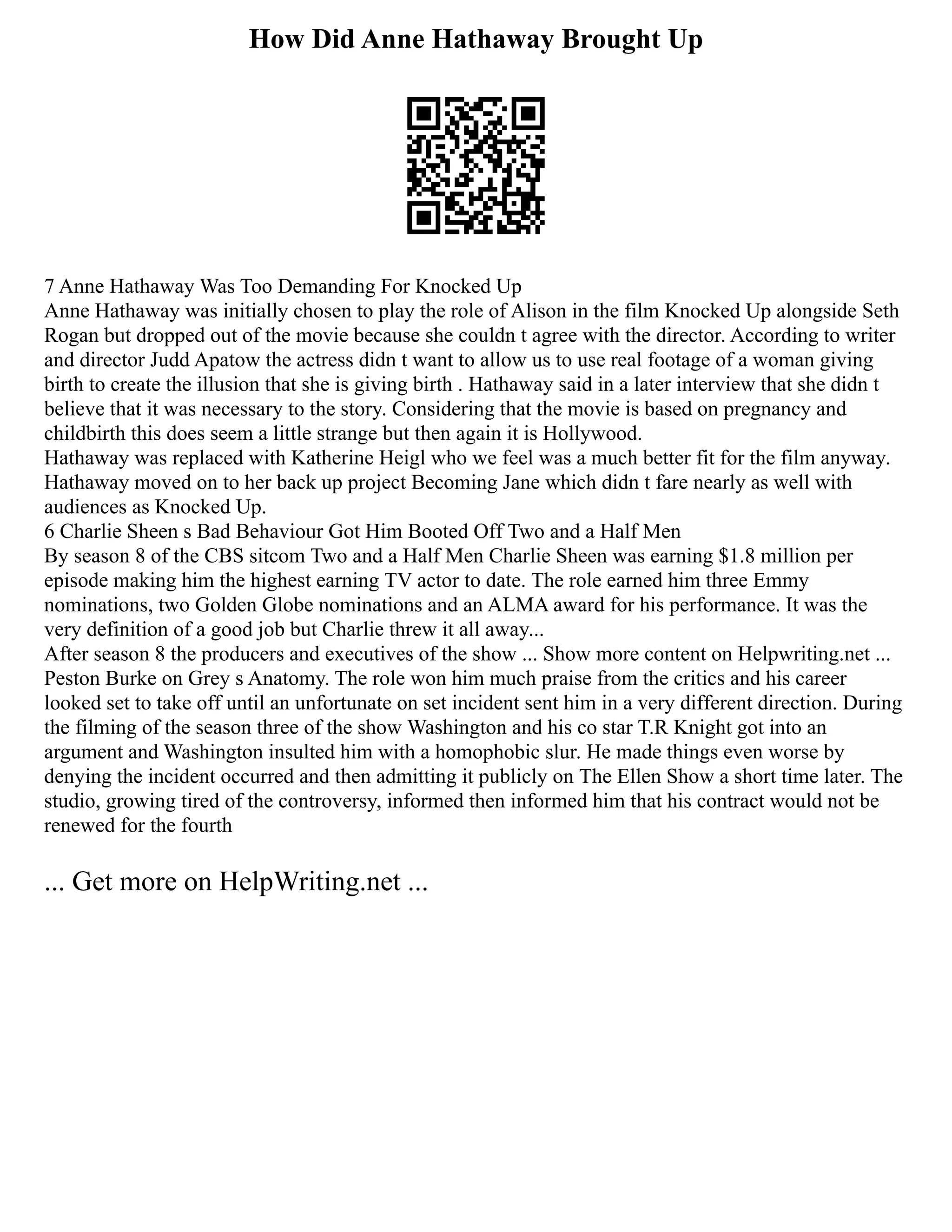 How Did Anne Hathaway Brought Up
7 Anne Hathaway Was Too Demanding For Knocked Up
Anne Hathaway was initially chosen to play the role of Alison in the film Knocked Up alongside Seth
Rogan but dropped out of the movie because she couldn t agree with the director. According to writer
and director Judd Apatow the actress didn t want to allow us to use real footage of a woman giving
birth to create the illusion that she is giving birth . Hathaway said in a later interview that she didn t
believe that it was necessary to the story. Considering that the movie is based on pregnancy and
childbirth this does seem a little strange but then again it is Hollywood.
Hathaway was replaced with Katherine Heigl who we feel was a much better fit for the film anyway.
Hathaway moved on to her back up project Becoming Jane which didn t fare nearly as well with
audiences as Knocked Up.
6 Charlie Sheen s Bad Behaviour Got Him Booted Off Two and a Half Men
By season 8 of the CBS sitcom Two and a Half Men Charlie Sheen was earning $1.8 million per
episode making him the highest earning TV actor to date. The role earned him three Emmy
nominations, two Golden Globe nominations and an ALMA award for his performance. It was the
very definition of a good job but Charlie threw it all away...
After season 8 the producers and executives of the show ... Show more content on Helpwriting.net ...
Peston Burke on Grey s Anatomy. The role won him much praise from the critics and his career
looked set to take off until an unfortunate on set incident sent him in a very different direction. During
the filming of the season three of the show Washington and his co star T.R Knight got into an
argument and Washington insulted him with a homophobic slur. He made things even worse by
denying the incident occurred and then admitting it publicly on The Ellen Show a short time later. The
studio, growing tired of the controversy, informed then informed him that his contract would not be
renewed for the fourth
... Get more on HelpWriting.net ...
 