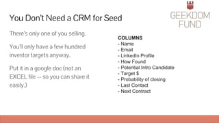 You Don’t Need a CRM for Seed
There’s only one of you selling.
You’ll only have a few hundred
investor targets anyway.
Put it in a google doc (not an
EXCEL file -- so you can share it
easily.)
COLUMNS
- Name
- Email
- LinkedIn Profile
- How Found
- Potential Intro Candidate
- Target $
- Probability of closing
- Last Contact
- Next Contract
 