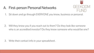 A. First-person Personal Networks
1. Sit down and go through EVERYONE you know, business or personal.
2. Will they know you if you reach out to them? Do they look like someone
who is an accredited investor? Do they know someone who would be one?
3. Write their contact info in your spreadsheet.
 