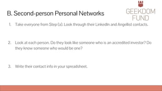 B. Second-person Personal Networks
1. Take everyone from Step (a). Look through their LinkedIn and Angellist contacts.
2. Look at each person. Do they look like someone who is an accredited investor? Do
they know someone who would be one?
3. Write their contact info in your spreadsheet.
 