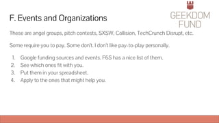 F. Events and Organizations
These are angel groups, pitch contests, SXSW, Collision, TechCrunch Disrupt, etc.
Some require you to pay. Some don’t. I don’t like pay-to-play personally.
1. Google funding sources and events. F6S has a nice list of them.
2. See which ones fit with you.
3. Put them in your spreadsheet.
4. Apply to the ones that might help you.
 