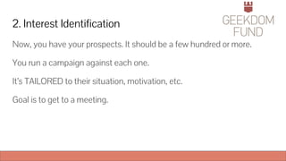 2. Interest Identification
Now, you have your prospects. It should be a few hundred or more.
You run a campaign against each one.
It’s TAILORED to their situation, motivation, etc.
Goal is to get to a meeting.
 