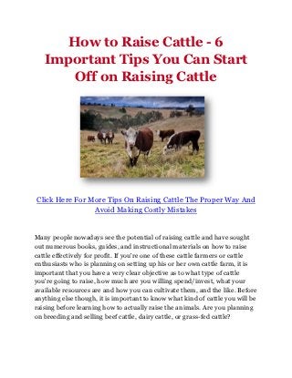 How to Raise Cattle - 6
   Important Tips You Can Start
       Off on Raising Cattle




Click Here For More Tips On Raising Cattle The Proper Way And
                Avoid Making Costly Mistakes


Many people nowadays see the potential of raising cattle and have sought
out numerous books, guides, and instructional materials on how to raise
cattle effectively for profit. If you're one of these cattle farmers or cattle
enthusiasts who is planning on setting up his or her own cattle farm, it is
important that you have a very clear objective as to what type of cattle
you're going to raise, how much are you willing spend/invest, what your
available resources are and how you can cultivate them, and the like. Before
anything else though, it is important to know what kind of cattle you will be
raising before learning how to actually raise the animals. Are you planning
on breeding and selling beef cattle, dairy cattle, or grass-fed cattle?
 