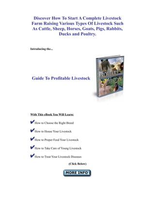 Discover How To Start A Complete Livestock
Farm Raising Various Types Of Livestock Such
As Cattle, Sheep, Horses, Goats, Pigs, Rabbits,
Ducks and Poultry.
Introducing the...
Guide To Profitable Livestock
With This eBook You Will Learn:
How to Choose the Right Breed
How to House Your Livestock
How to Proper Feed Your Livestock
How to Take Care of Young Livestock
How to Treat Your Livestock Diseases
(Click Below)
 