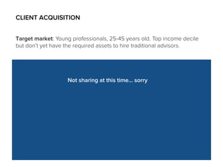 CLIENT ACQUISITION
Target market: Young professionals, 25-45 years old. Top income decile
but don’t yet have the required assets to hire traditional advisors.
Inﬂuencers Product Partners
High quality content
drives organic traffic
Referral rewards
encourage word of
mouth (e.g., Dropbox)
Focus on optimizing
conversion funnel
Branded and white
label partnerships
for small accounts
Distribution partners
that reach target
segments: law firms,
universities, etc.
Not sharing at this time… sorry
 