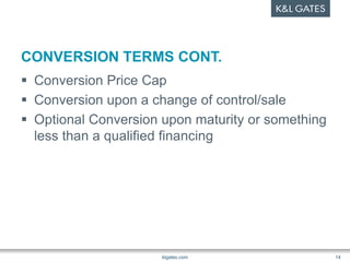 CONVERSION TERMS CONT.
 Conversion Price Cap
 Conversion upon a change of control/sale
 Optional Conversion upon maturi...