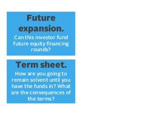 Future
expansion.
Can this investor fund
future equity ﬁnancing
rounds?

Term sheet.
How are you going to
remain solvent until you
have the funds in? What
are the consequences of
the terms?

 