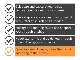 Calculate and capture your value
proposition in investor documents
Source appropriate investors and assist
with Enterprise Ireland as needed
Manage the funding round and support
you through pitches
Negotiate terms and guide you through
closing the legal documents
Oversee due diligence, close the round
and bring in the funds

 