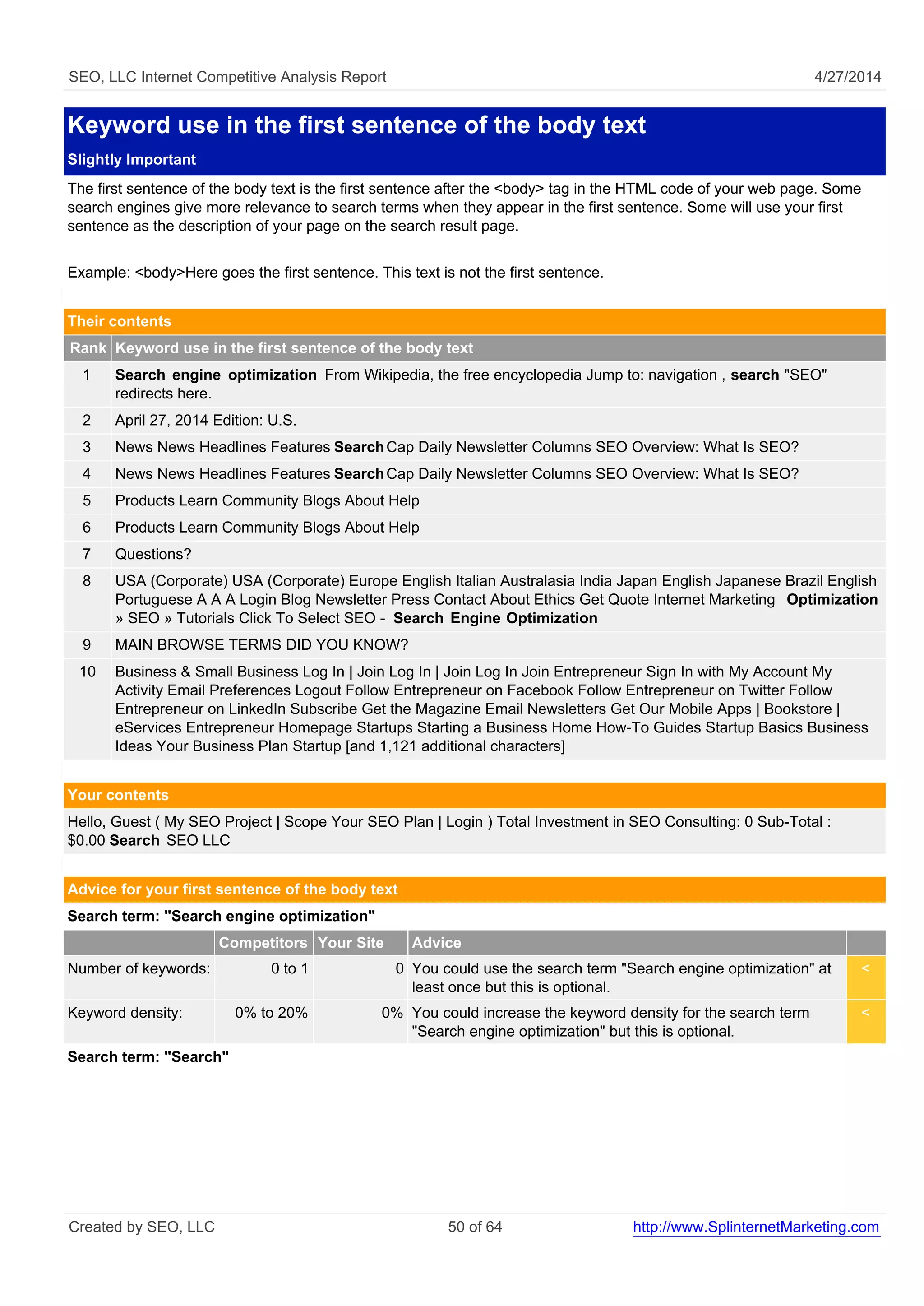 SEO, LLC Internet Competitive Analysis Report 4/27/2014 
Keyword use in the first sentence of the body text 
Slightly Important 
The first sentence of the body text is the first sentence after the <body> tag in the HTML code of your web page. Some 
search engines give more relevance to search terms when they appear in the first sentence. Some will use your first 
sentence as the description of your page on the search result page. 
Example: <body>Here goes the first sentence. This text is not the first sentence. 
Their contents 
Rank Keyword use in the first sentence of the body text 
1 Search engine optimization From Wikipedia, the free encyclopedia Jump to: navigation , search "SEO" 
redirects here. 
2 April 27, 2014 Edition: U.S. 
3 News News Headlines Features SearchCap Daily Newsletter Columns SEO Overview: What Is SEO? 
4 News News Headlines Features SearchCap Daily Newsletter Columns SEO Overview: What Is SEO? 
5 Products Learn Community Blogs About Help 
6 Products Learn Community Blogs About Help 
7 Questions? 
8 USA (Corporate) USA (Corporate) Europe English Italian Australasia India Japan English Japanese Brazil English 
Portuguese A A A Login Blog Newsletter Press Contact About Ethics Get Quote Internet Marketing Optimization 
» SEO » Tutorials Click To Select SEO - Search Engine Optimization 
9 MAIN BROWSE TERMS DID YOU KNOW? 
10 Business & Small Business Log In | Join Log In | Join Log In Join Entrepreneur Sign In with My Account My 
Activity Email Preferences Logout Follow Entrepreneur on Facebook Follow Entrepreneur on Twitter Follow 
Entrepreneur on LinkedIn Subscribe Get the Magazine Email Newsletters Get Our Mobile Apps | Bookstore | 
eServices Entrepreneur Homepage Startups Starting a Business Home How-To Guides Startup Basics Business 
Ideas Your Business Plan Startup [and 1,121 additional characters] 
Your contents 
Hello, Guest ( My SEO Project | Scope Your SEO Plan | Login ) Total Investment in SEO Consulting: 0 Sub-Total : 
$0.00 Search SEO LLC 
Advice for your first sentence of the body text 
Search term: "Search engine optimization" 
Competitors Your Site Advice 
Number of keywords: 0 to 1 0 You could use the search term "Search engine optimization" at 
least once but this is optional. 
< 
Keyword density: 0% to 20% 0% You could increase the keyword density for the search term 
"Search engine optimization" but this is optional. 
< 
Search term: "Search" 
Created by SEO, LLC 50 of 64 http://www.SplinternetMarketing.com 
 